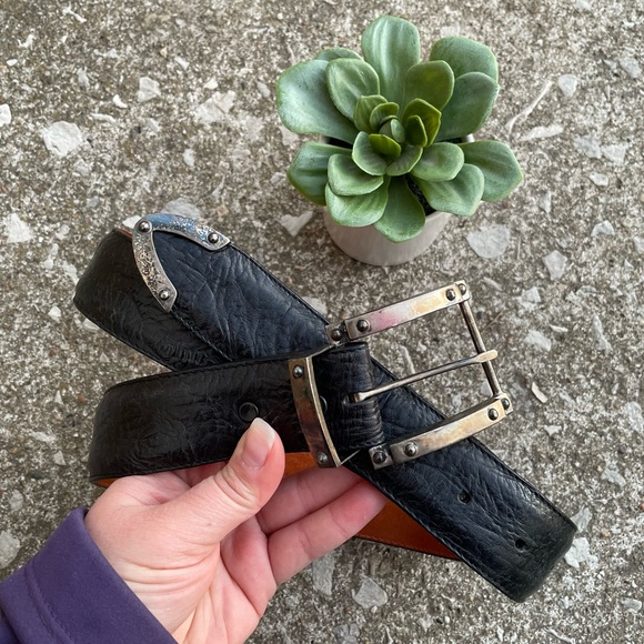 Pat AreiasHandcrafted Black Pebble Leather Belt Sterling Silver Buckle